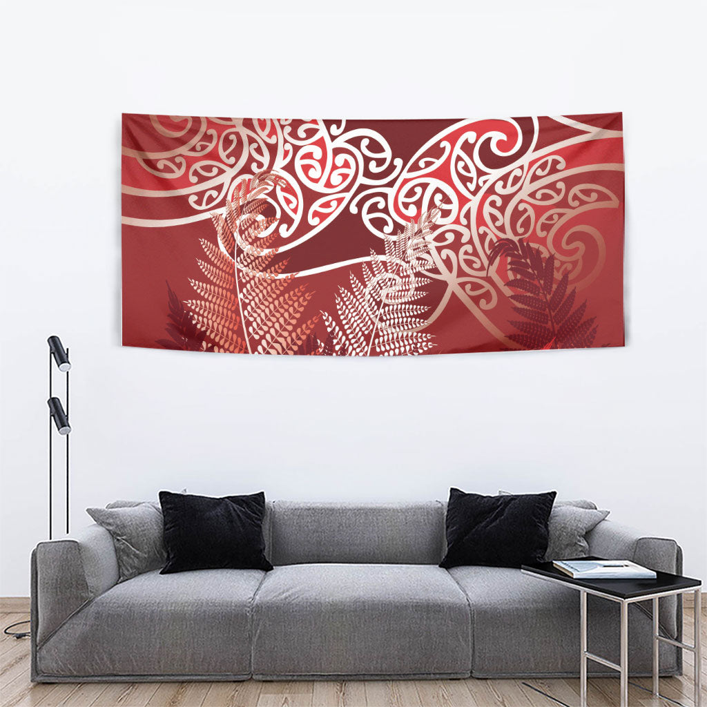 Aotearoa Maori Koru Curves Tapestry Silver Ferns - Crimson Red LT7 - Polynesian Pride