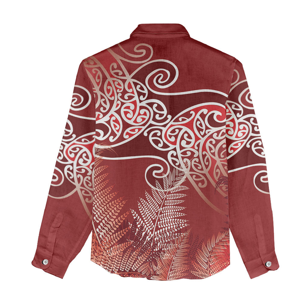 Aotearoa Maori Koru Curves Women Casual Shirt Silver Ferns - Crimson Red LT7 - Polynesian Pride
