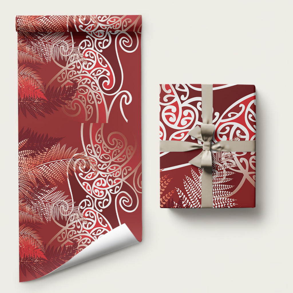 Aotearoa Maori Koru Curves Wrapping Paper Silver Ferns - Crimson Red LT7 58" × 23" Red - Polynesian Pride