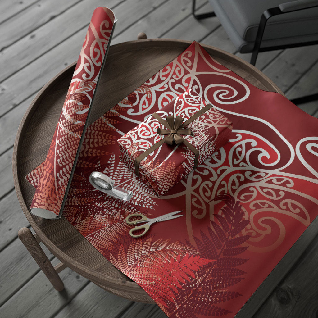 Aotearoa Maori Koru Curves Wrapping Paper Silver Ferns - Crimson Red LT7 - Polynesian Pride