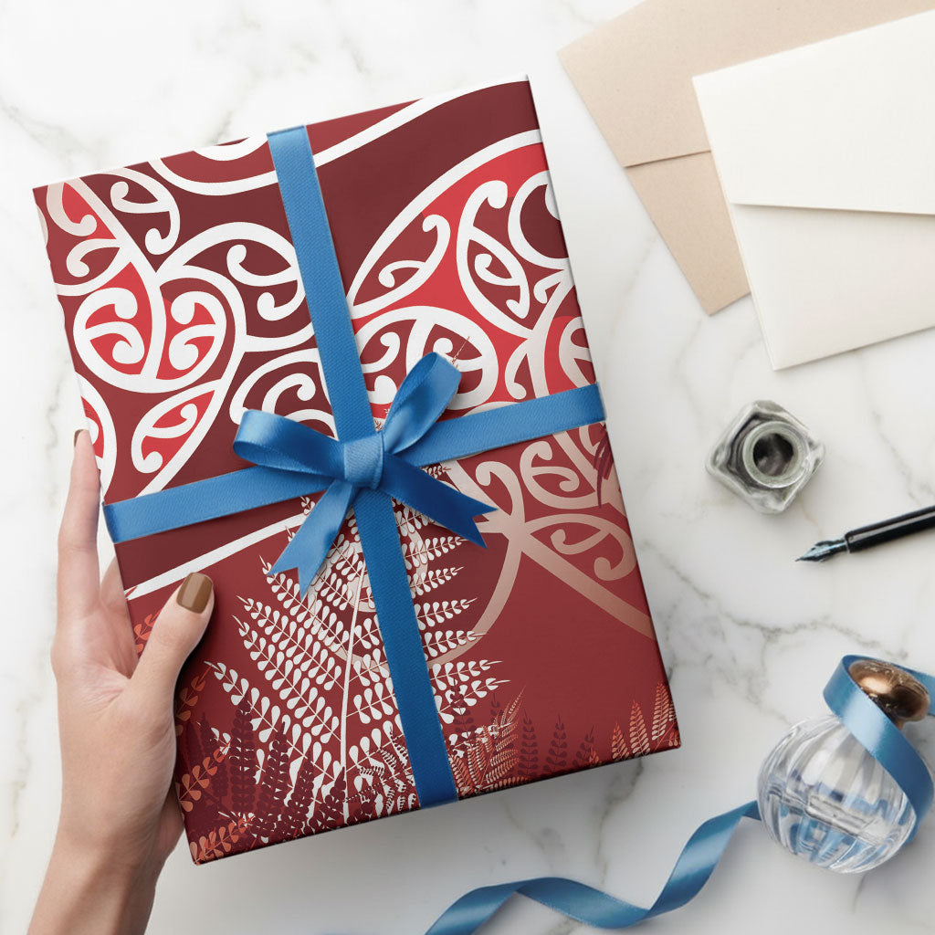 Aotearoa Maori Koru Curves Wrapping Paper Silver Ferns - Crimson Red LT7 - Polynesian Pride