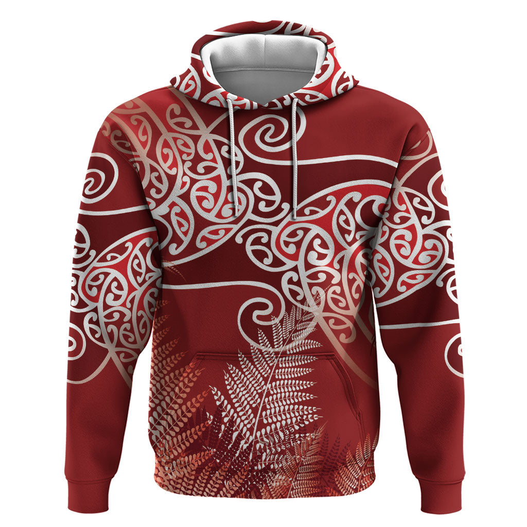 Aotearoa Maori Koru Curves Zip Hoodie Silver Ferns - Crimson Red LT7 Pullover Hoodie Red - Polynesian Pride