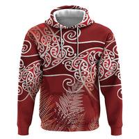 Aotearoa Maori Koru Curves Zip Hoodie Silver Ferns - Crimson Red LT7 Pullover Hoodie Red - Polynesian Pride
