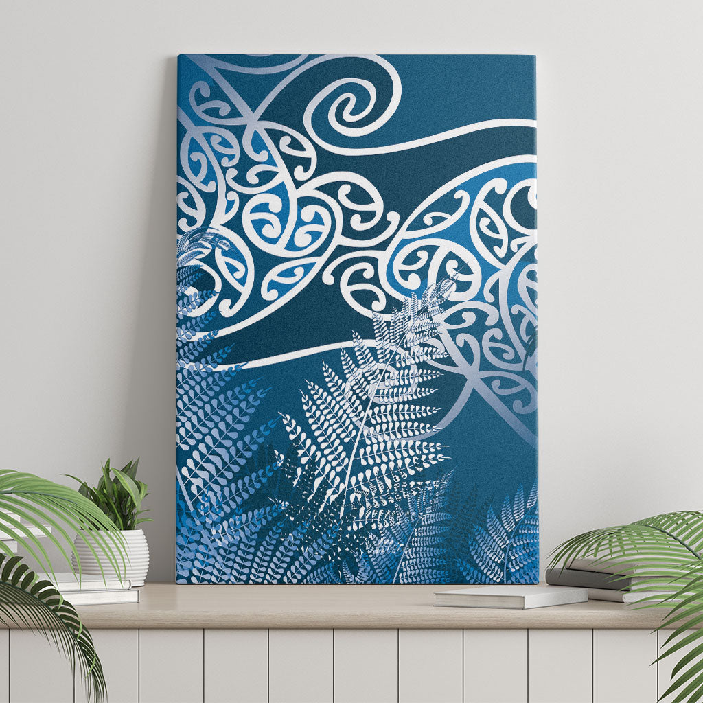 Aotearoa Maori Koru Curves Canvas Wall Art Silver Ferns - Navy Blue LT7 - Polynesian Pride