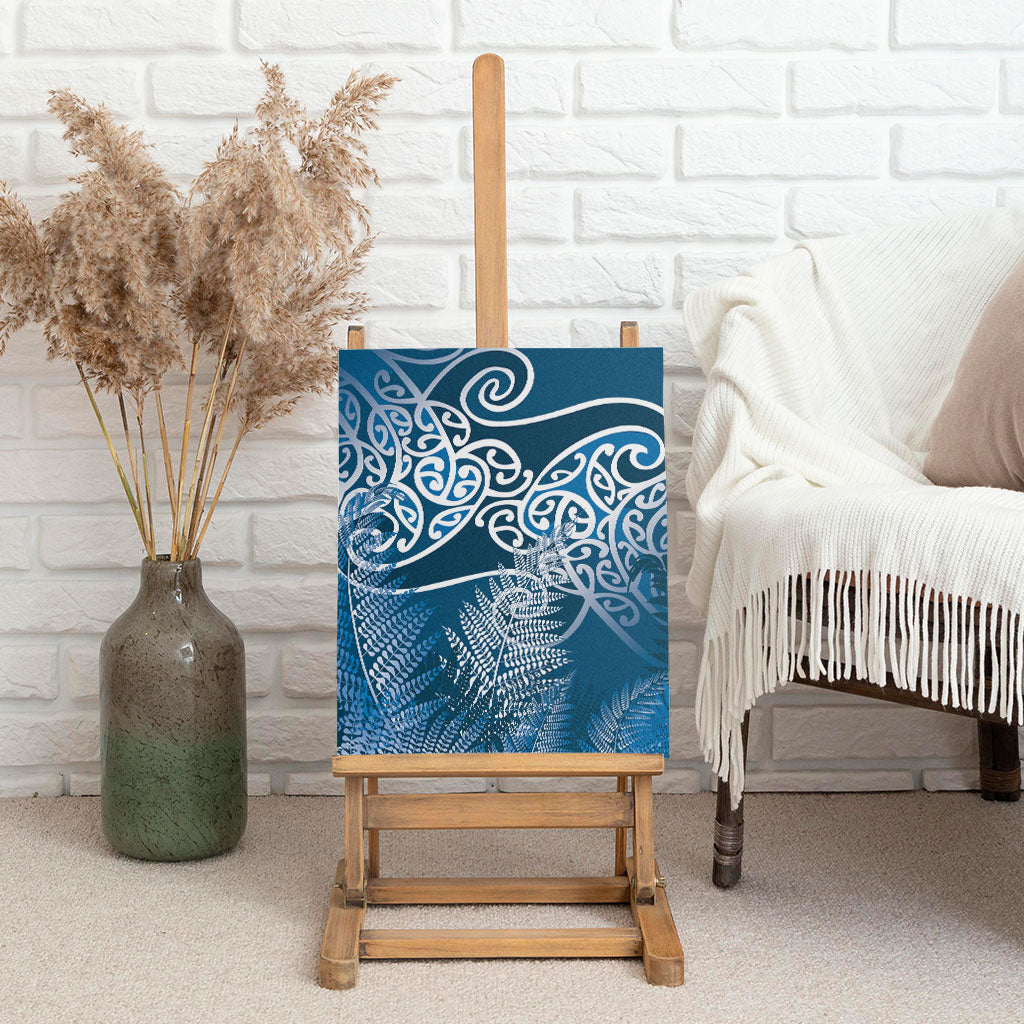 Aotearoa Maori Koru Curves Canvas Wall Art Silver Ferns - Navy Blue LT7 - Polynesian Pride