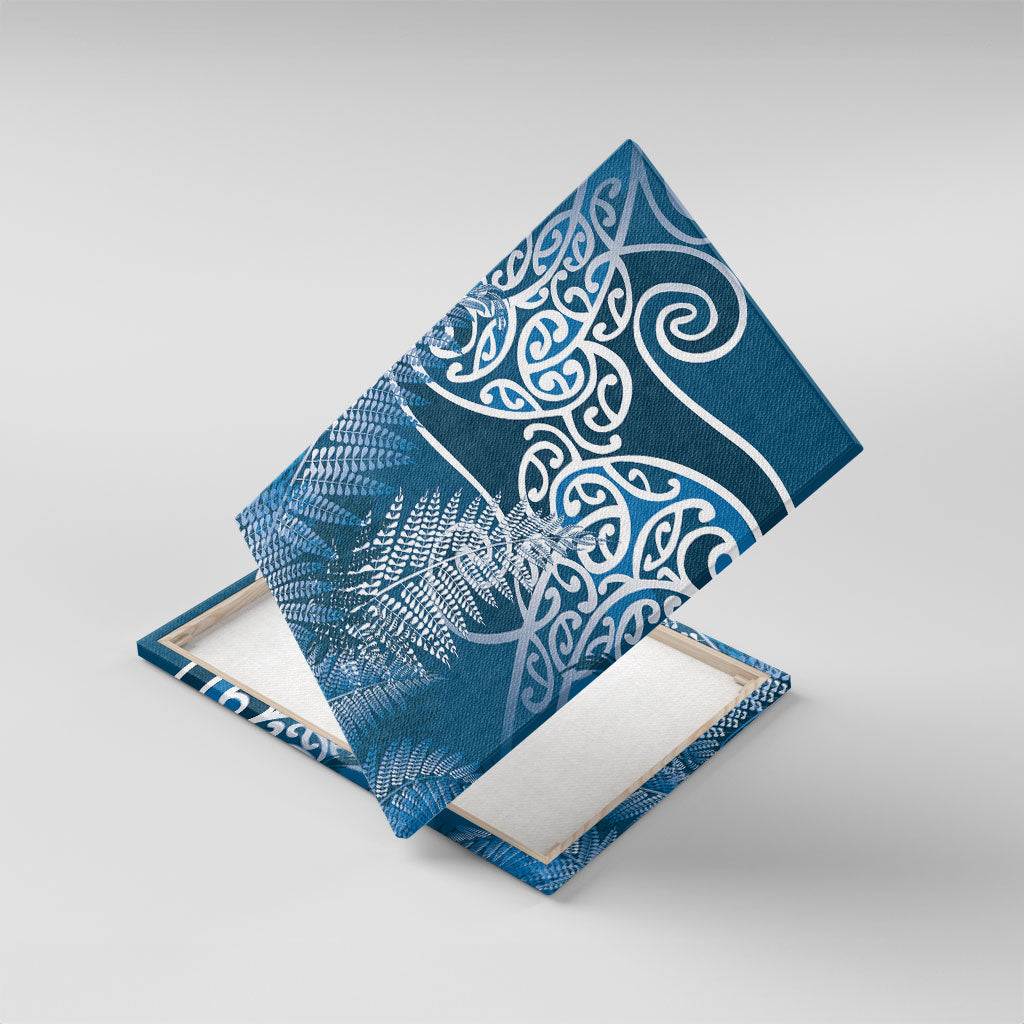 Aotearoa Maori Koru Curves Canvas Wall Art Silver Ferns - Navy Blue LT7 With Frame Navy Blue - Polynesian Pride