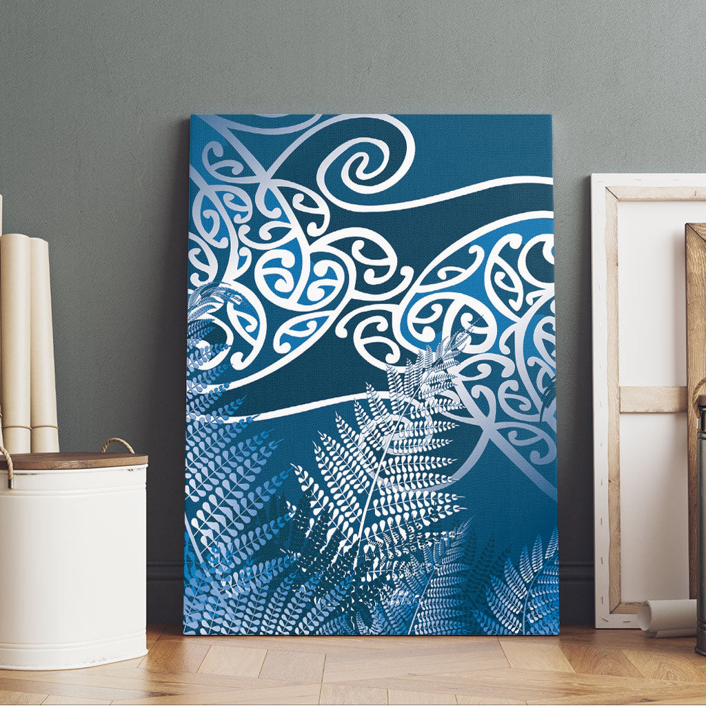Aotearoa Maori Koru Curves Canvas Wall Art Silver Ferns - Navy Blue LT7 - Polynesian Pride