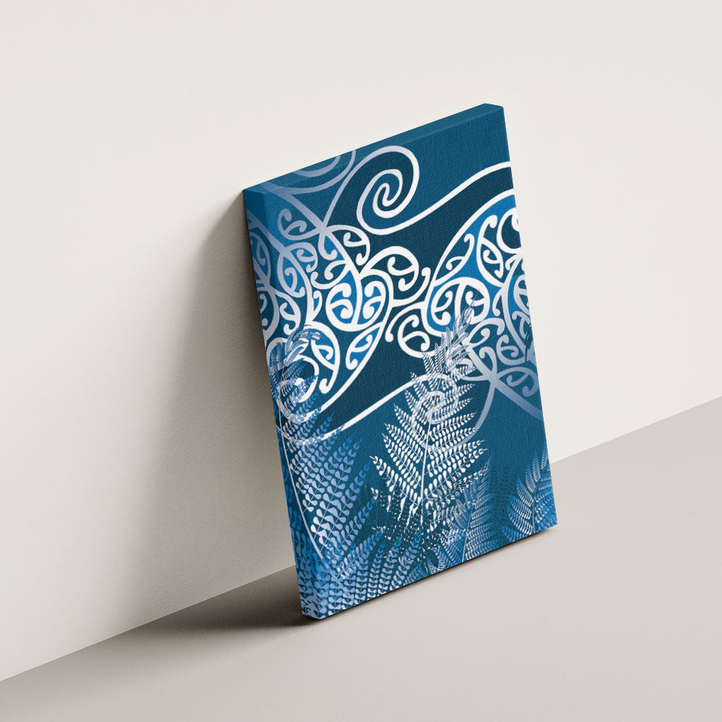 Aotearoa Maori Koru Curves Canvas Wall Art Silver Ferns - Navy Blue LT7 - Polynesian Pride