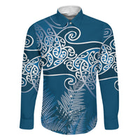 Aotearoa Maori Koru Curves Family Matching Mermaid Dress and Hawaiian Shirt Silver Ferns - Navy Blue LT7 Dad's Shirt - Long Sleeve Navy Blue - Polynesian Pride