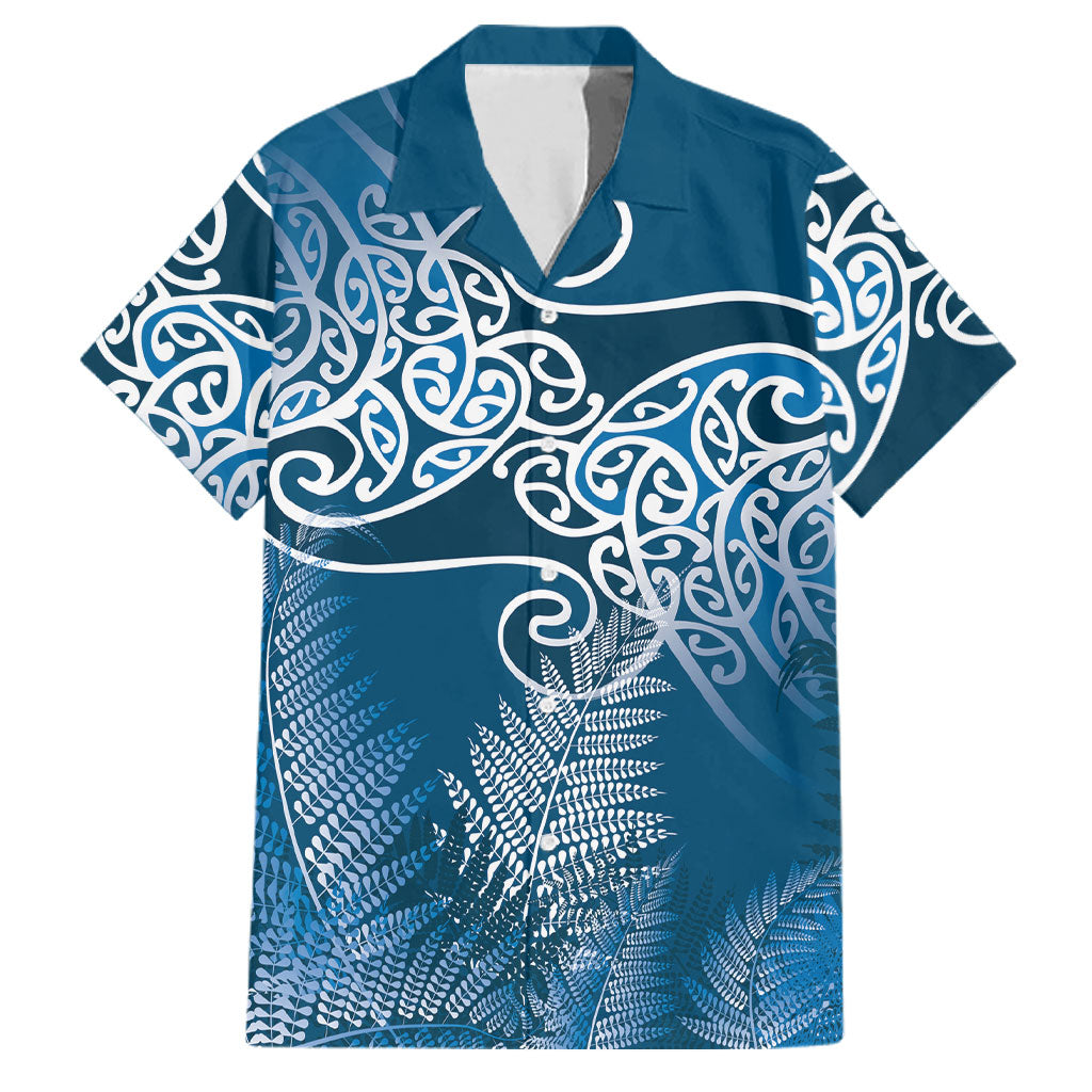 Aotearoa Maori Koru Curves Family Matching Off Shoulder Short Dress and Hawaiian Shirt Silver Ferns - Navy Blue LT7 Dad's Shirt - Short Sleeve Navy Blue - Polynesian Pride