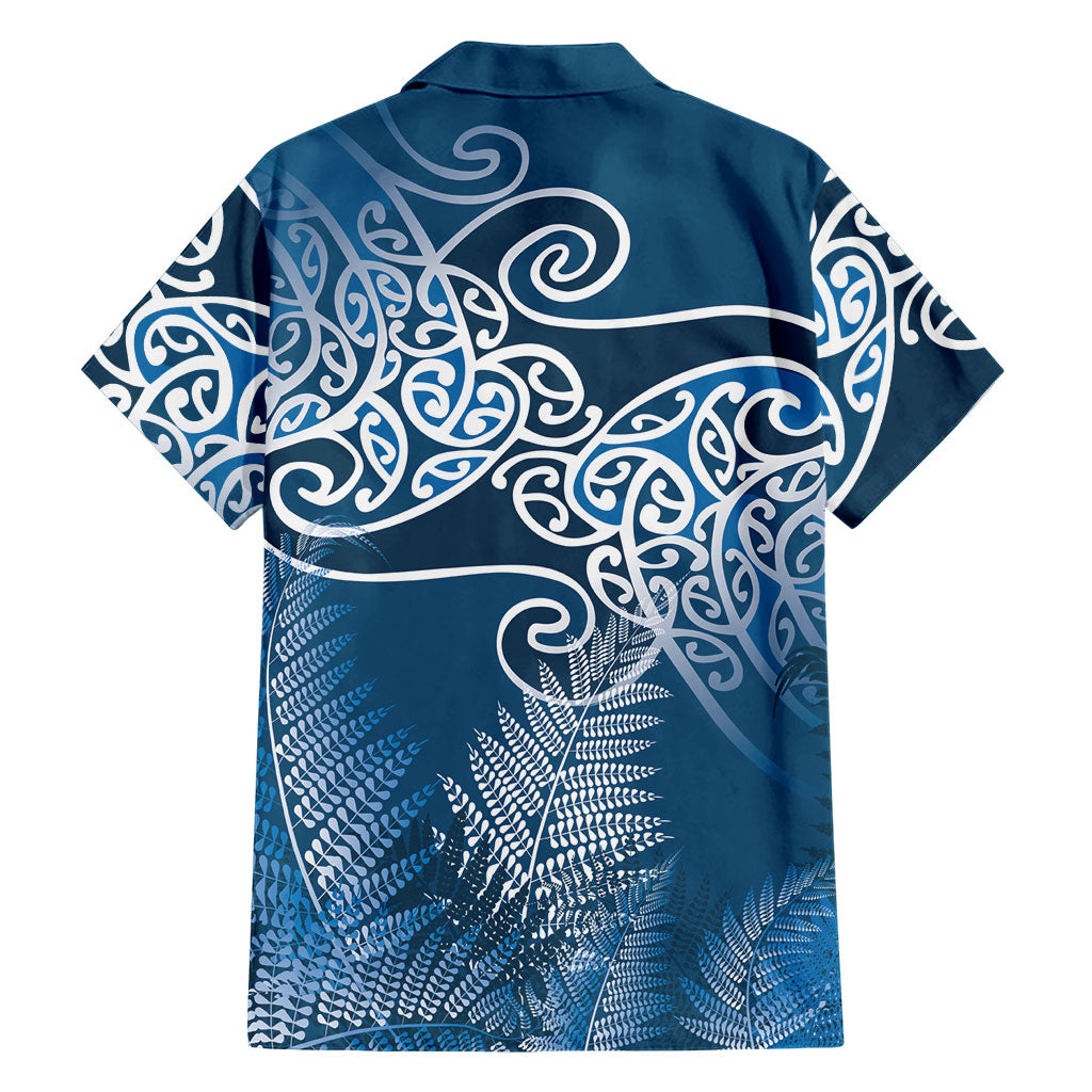 Aotearoa Maori Koru Curves Family Matching Off Shoulder Short Dress and Hawaiian Shirt Silver Ferns - Navy Blue LT7 - Polynesian Pride
