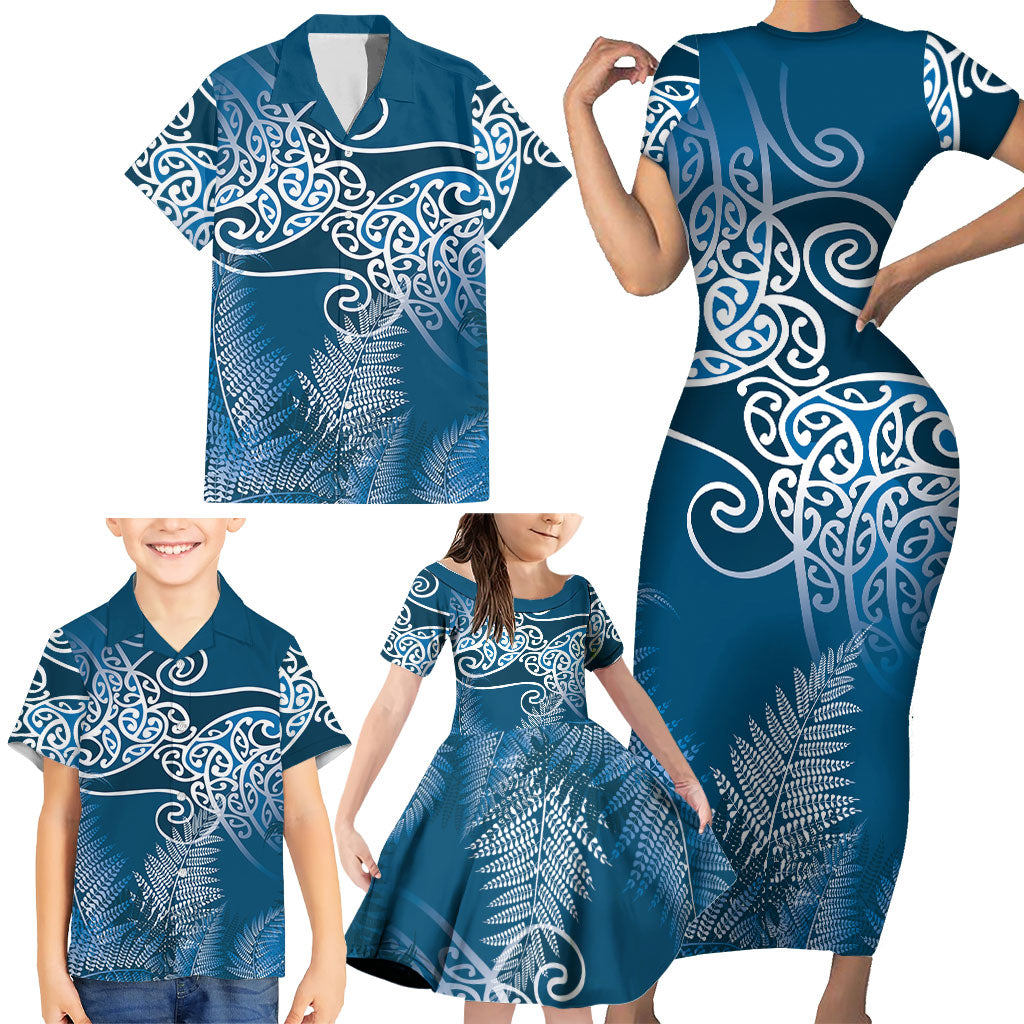 Aotearoa Maori Koru Curves Family Matching Short Sleeve Bodycon Dress and Hawaiian Shirt Silver Ferns - Navy Blue