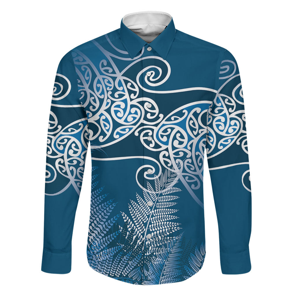 Aotearoa Maori Koru Curves Family Matching Summer Maxi Dress and Hawaiian Shirt Silver Ferns - Navy Blue LT7 Dad's Shirt - Long Sleeve Navy Blue - Polynesian Pride