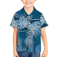 Aotearoa Maori Koru Curves Family Matching Summer Maxi Dress and Hawaiian Shirt Silver Ferns - Navy Blue LT7 Son's Shirt Navy Blue - Polynesian Pride