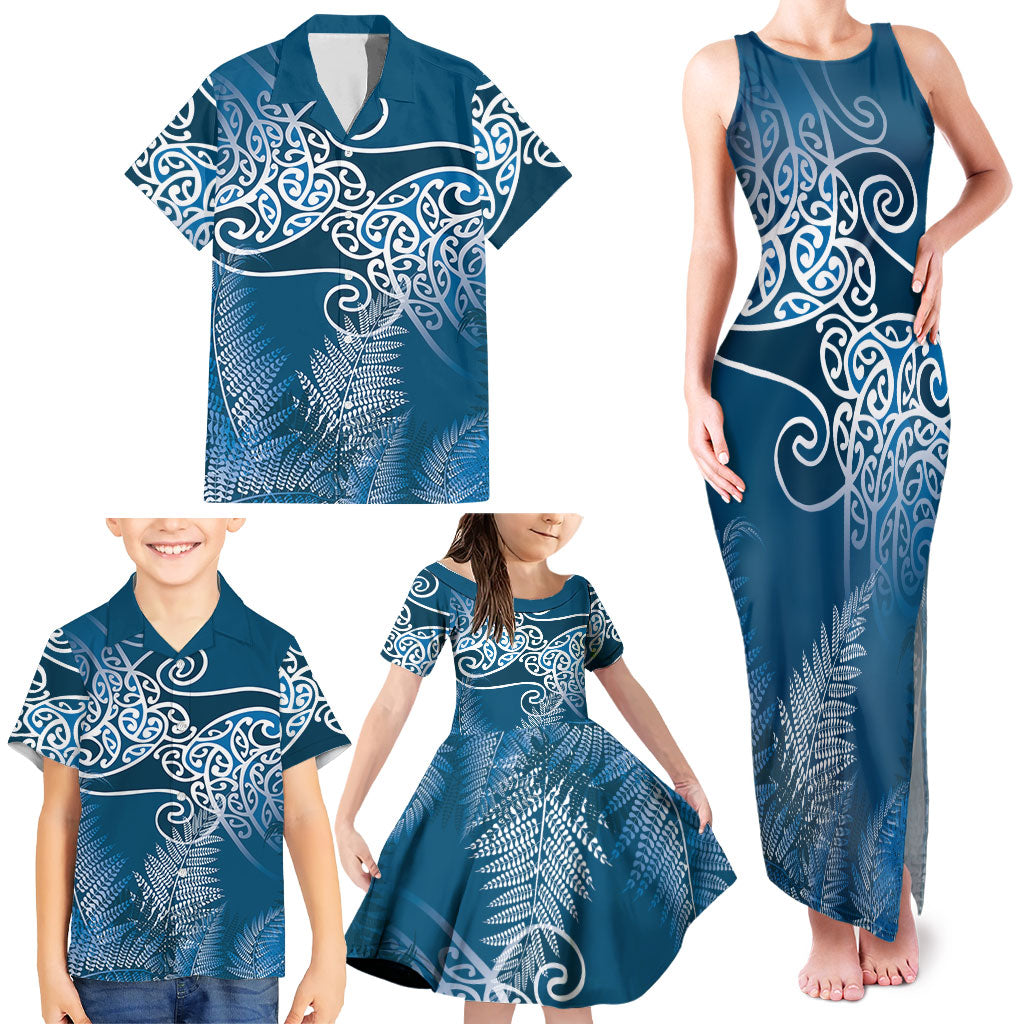 Aotearoa Maori Koru Curves Family Matching Tank Maxi Dress and Hawaiian Shirt Silver Ferns - Navy Blue