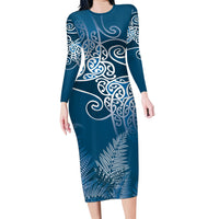 Aotearoa Maori Koru Curves Long Sleeve Bodycon Dress Silver Ferns - Navy Blue LT7 Long Dress Navy Blue - Polynesian Pride