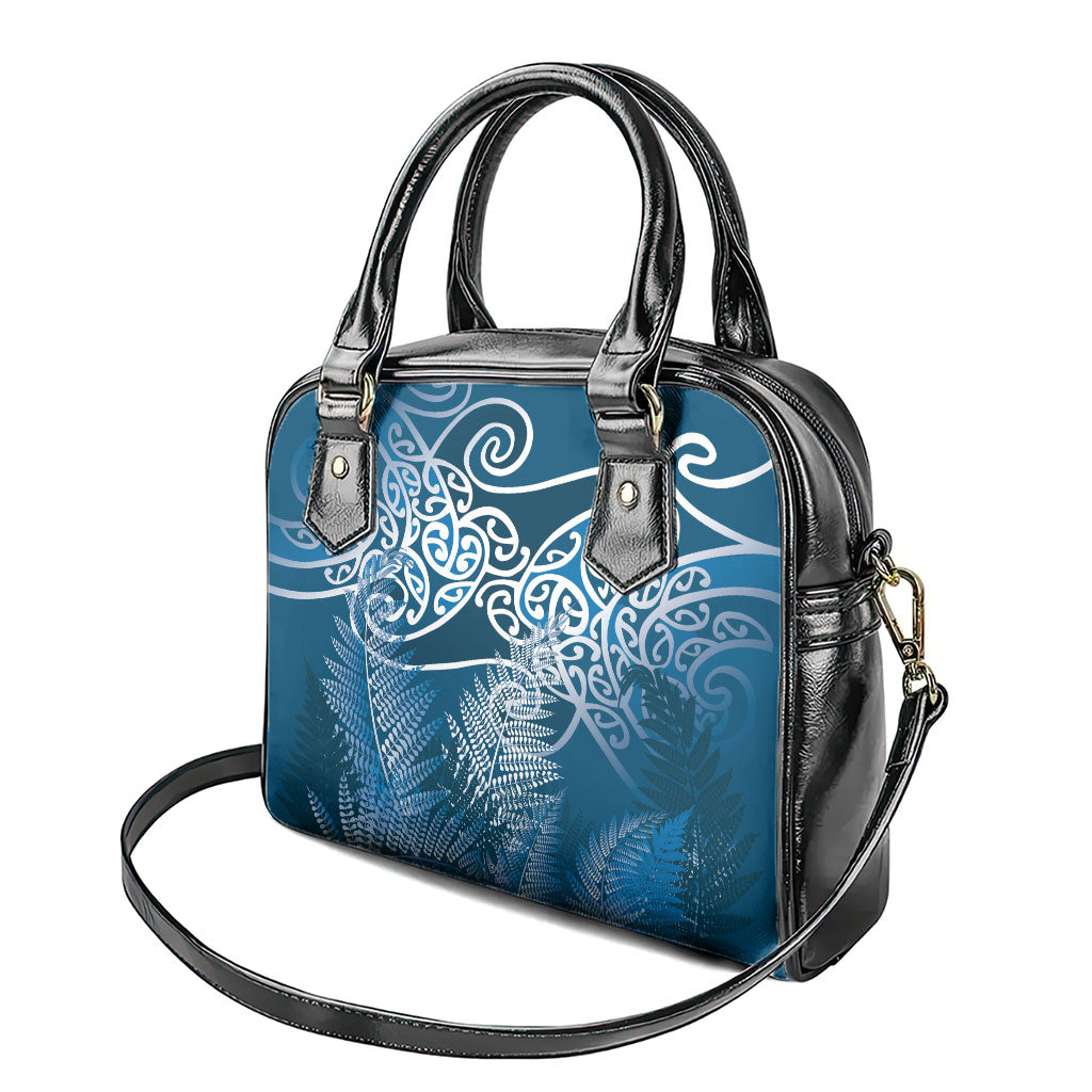 Aotearoa Maori Koru Curves Shoulder Handbag Silver Ferns - Navy Blue LT7 - Polynesian Pride