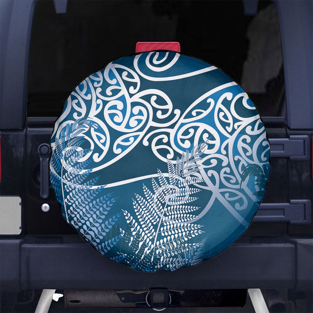 Aotearoa Maori Koru Curves Spare Tire Cover Silver Ferns - Navy Blue