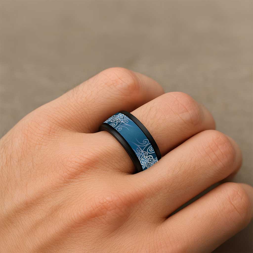 Aotearoa Maori Koru Curves Spinner Ring Silver Ferns - Navy Blue LT7 - Polynesian Pride