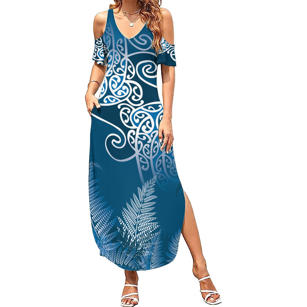 Aotearoa Maori Koru Curves Summer Maxi Dress Silver Ferns - Navy Blue LT7 Women Navy Blue - Polynesian Pride