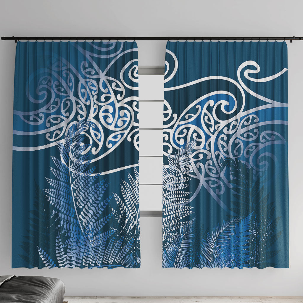 Aotearoa Maori Koru Curves Window Curtain Silver Ferns - Navy Blue LT7 With Hooks Navy Blue - Polynesian Pride