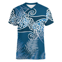 Aotearoa Maori Koru Curves Women V-Neck T-Shirt Silver Ferns - Navy Blue LT7 Female Navy Blue - Polynesian Pride