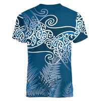 Aotearoa Maori Koru Curves Women V-Neck T-Shirt Silver Ferns - Navy Blue LT7 - Polynesian Pride