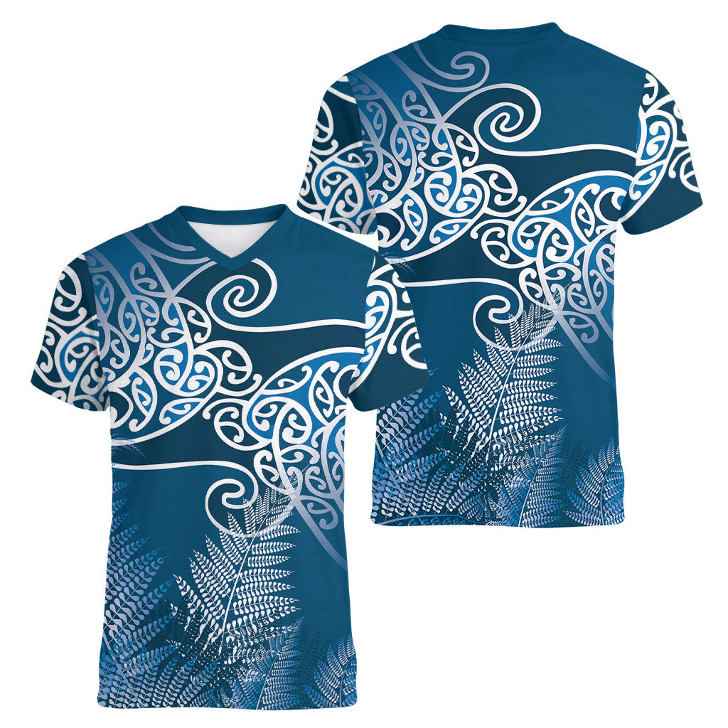Aotearoa Maori Koru Curves Women V-Neck T-Shirt Silver Ferns - Navy Blue LT7 - Polynesian Pride
