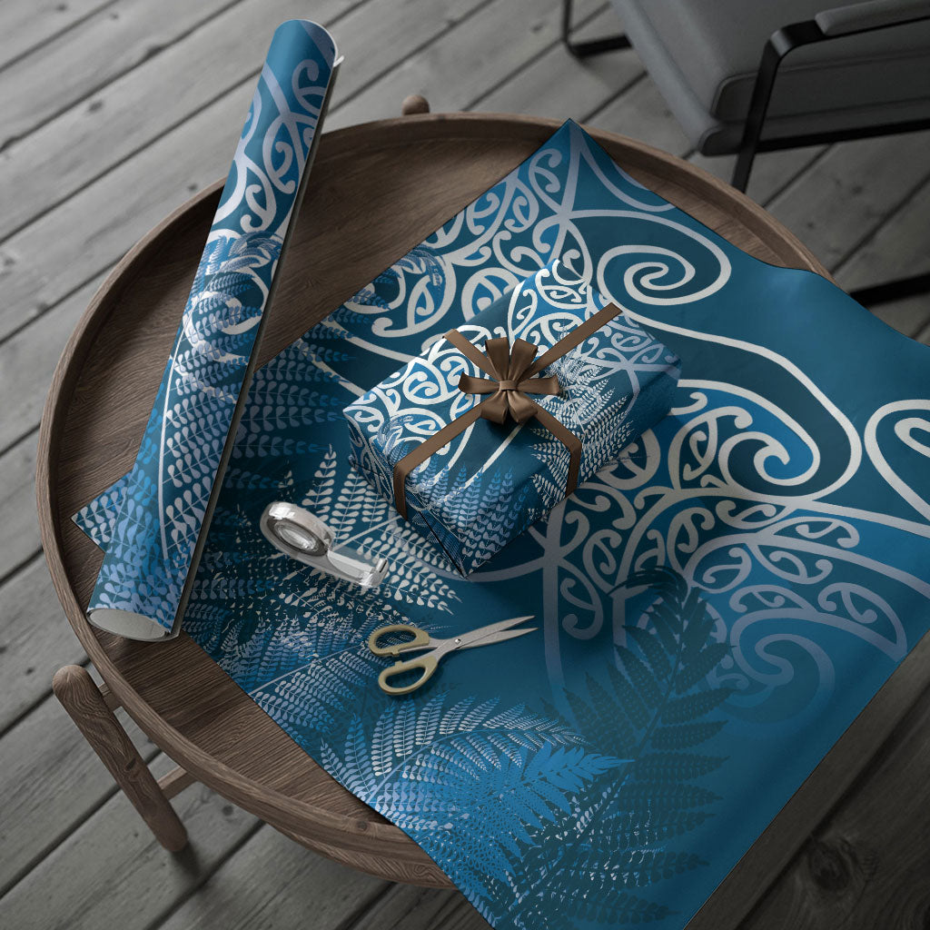 Aotearoa Maori Koru Curves Wrapping Paper Silver Ferns - Navy Blue LT7 - Polynesian Pride