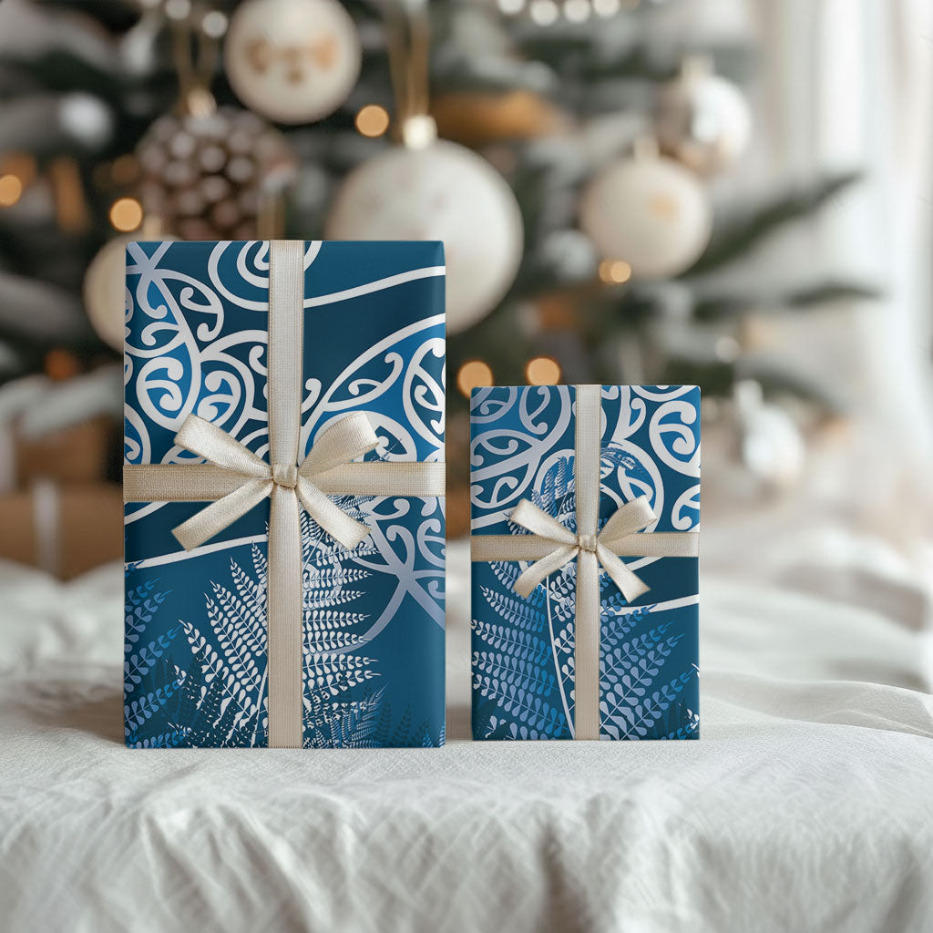 Aotearoa Maori Koru Curves Wrapping Paper Silver Ferns - Navy Blue LT7 - Polynesian Pride