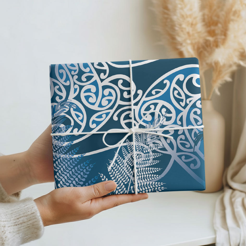 Aotearoa Maori Koru Curves Wrapping Paper Silver Ferns - Navy Blue LT7 - Polynesian Pride