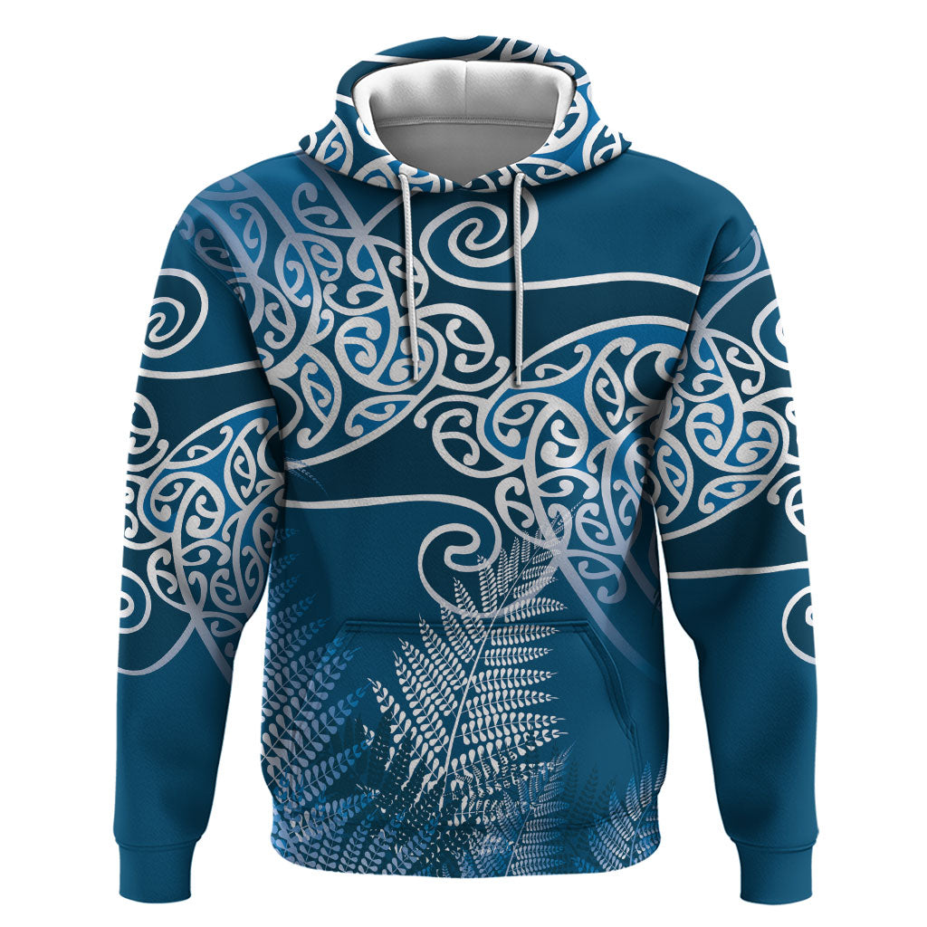 Aotearoa Maori Koru Curves Zip Hoodie Silver Ferns - Navy Blue LT7 Pullover Hoodie Navy Blue - Polynesian Pride