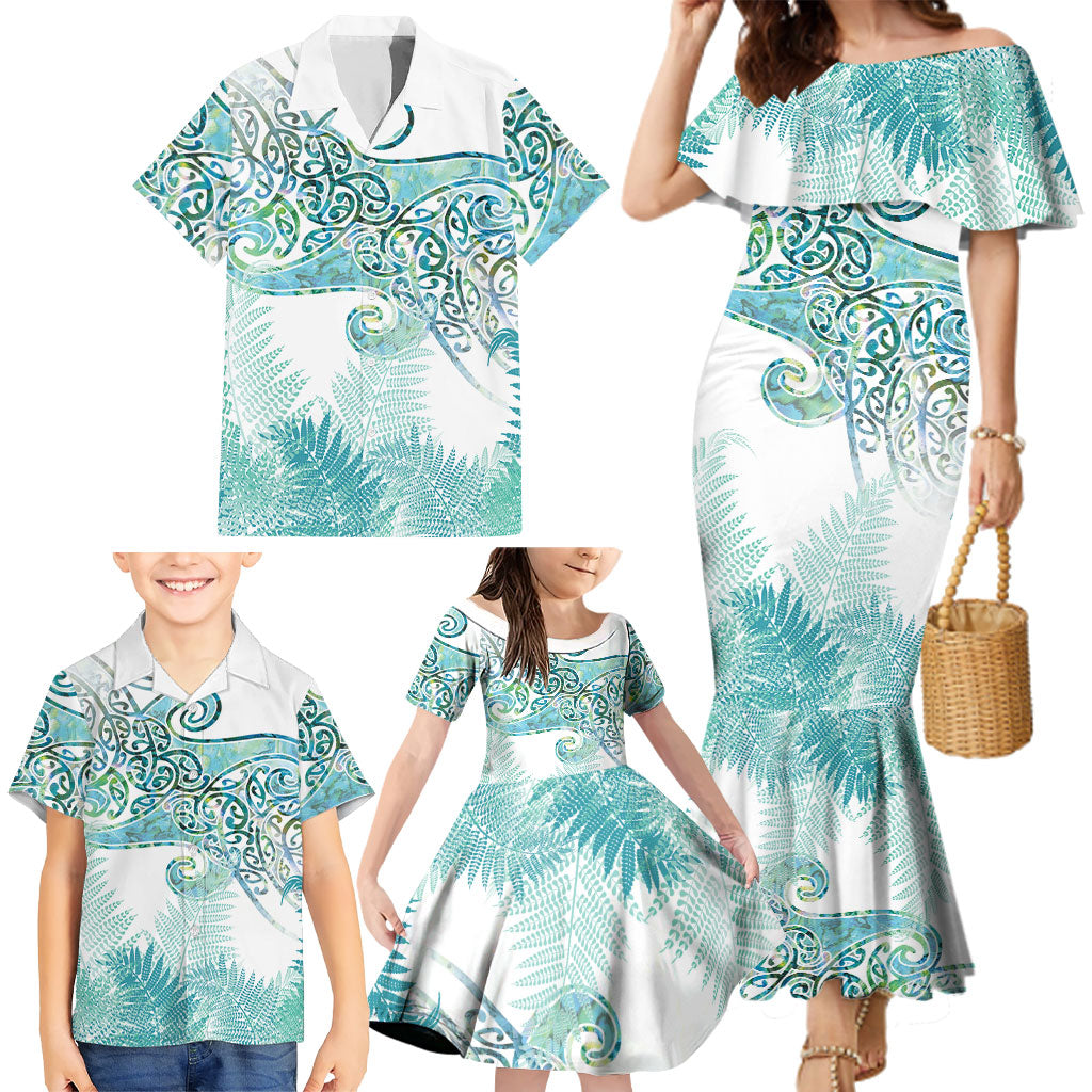 Aotearoa Maori Koru Curves Family Matching Mermaid Dress and Hawaiian Shirt Mossy Paua Shell