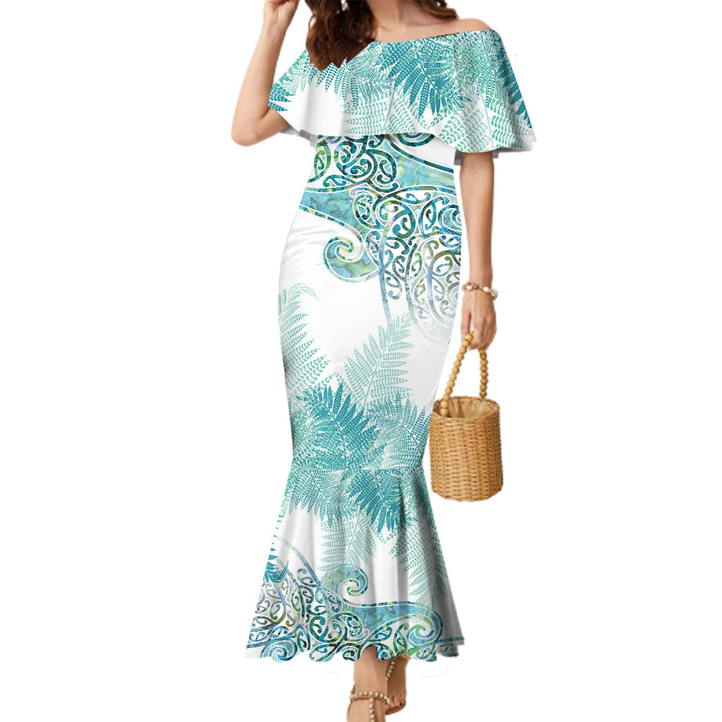 Aotearoa Maori Koru Curves Family Matching Mermaid Dress and Hawaiian Shirt Mossy Paua Shell LT7 Mom's Dress Green - Polynesian Pride