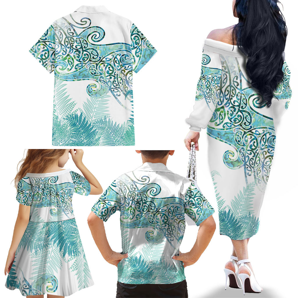 Aotearoa Maori Koru Curves Family Matching Off The Shoulder Long Sleeve Dress and Hawaiian Shirt Mossy Paua Shell
