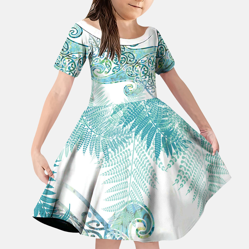 Aotearoa Maori Koru Curves Family Matching Puletasi and Hawaiian Shirt Mossy Paua Shell LT7 Daughter's Dress Green - Polynesian Pride