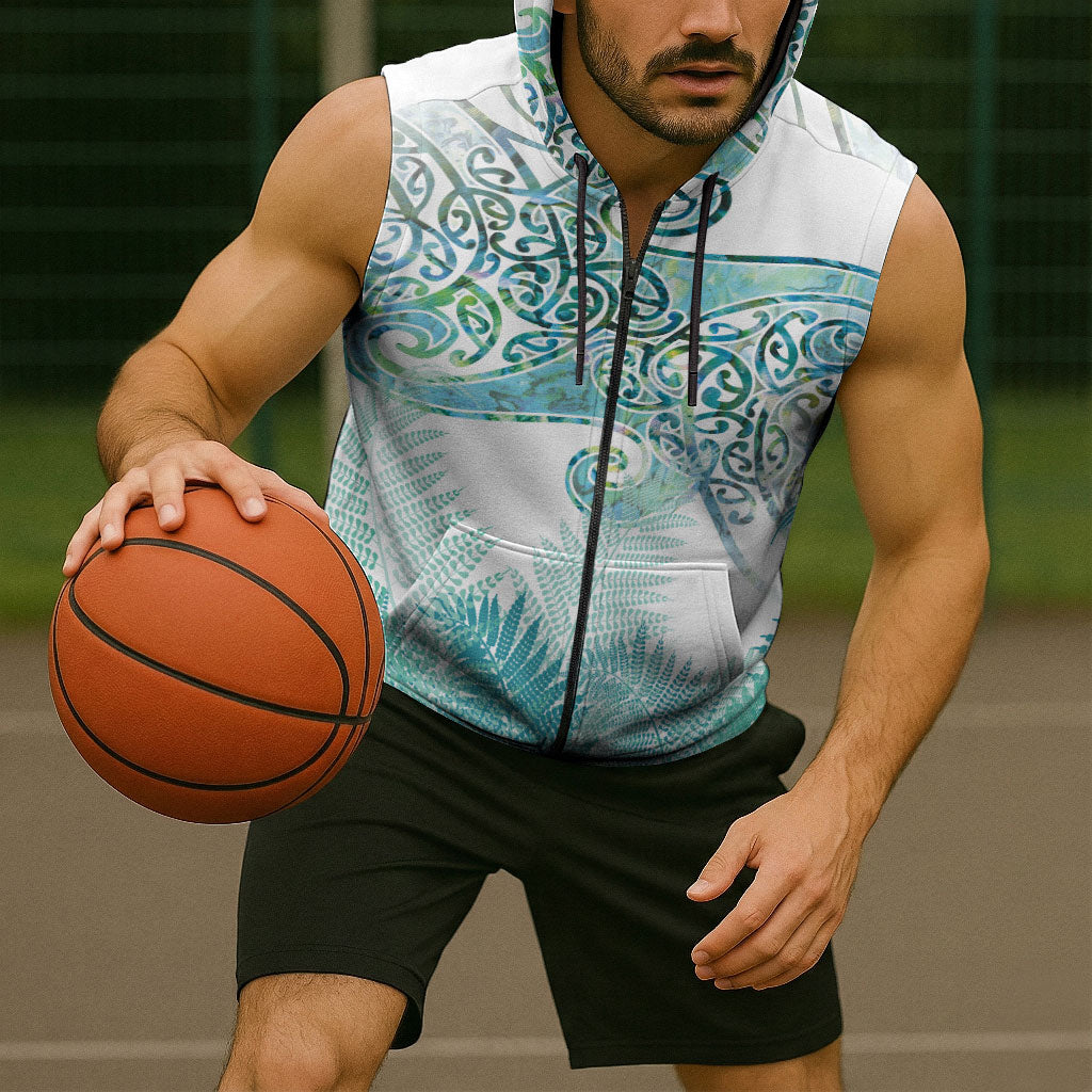 Aotearoa Maori Koru Curves Sleeveless Zip Hoodie Mossy Paua Shell
