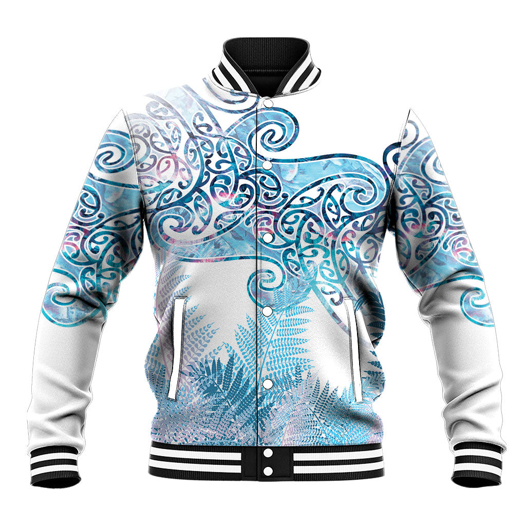Aotearoa Maori Koru Curves Baseball Jacket Aqua Paua Shell