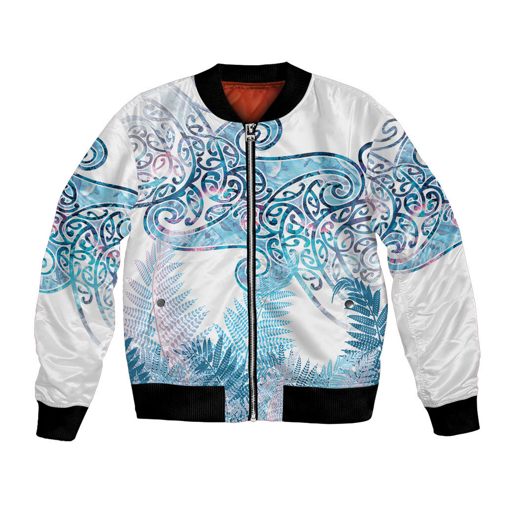 Aotearoa Maori Koru Curves Bomber Jacket Aqua Paua Shell LT7 Unisex Blue - Polynesian Pride