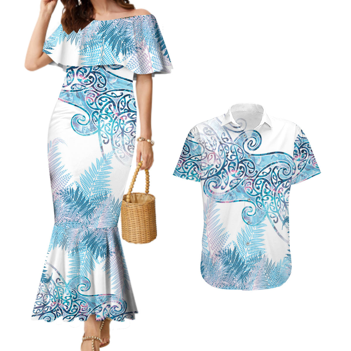 Aotearoa Maori Koru Curves Couples Matching Mermaid Dress and Hawaiian Shirt Aqua Paua Shell