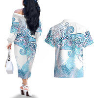Aotearoa Maori Koru Curves Couples Matching Off The Shoulder Long Sleeve Dress and Hawaiian Shirt Aqua Paua Shell