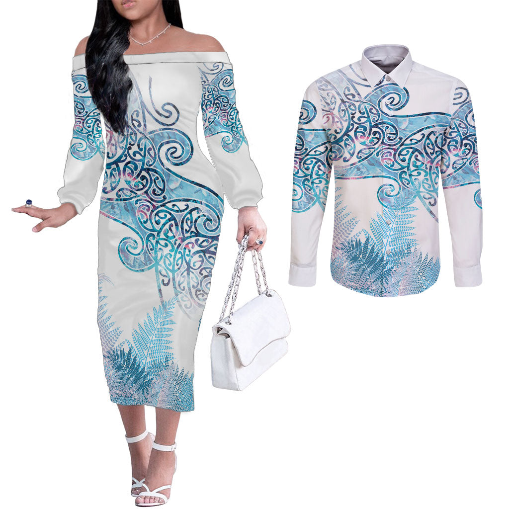 Aotearoa Maori Koru Curves Couples Matching Off The Shoulder Long Sleeve Dress and Long Sleeve Button Shirt Aqua Paua Shell