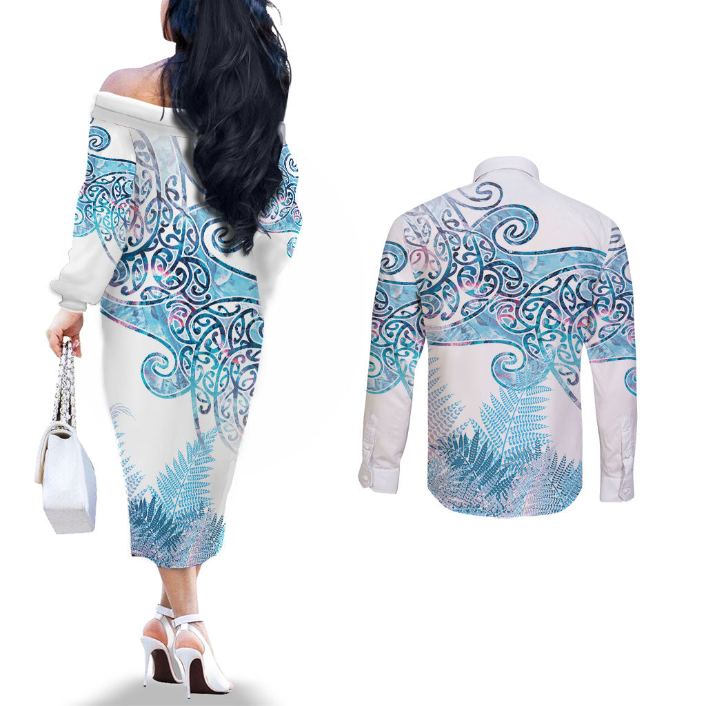 Aotearoa Maori Koru Curves Couples Matching Off The Shoulder Long Sleeve Dress and Long Sleeve Button Shirt Aqua Paua Shell