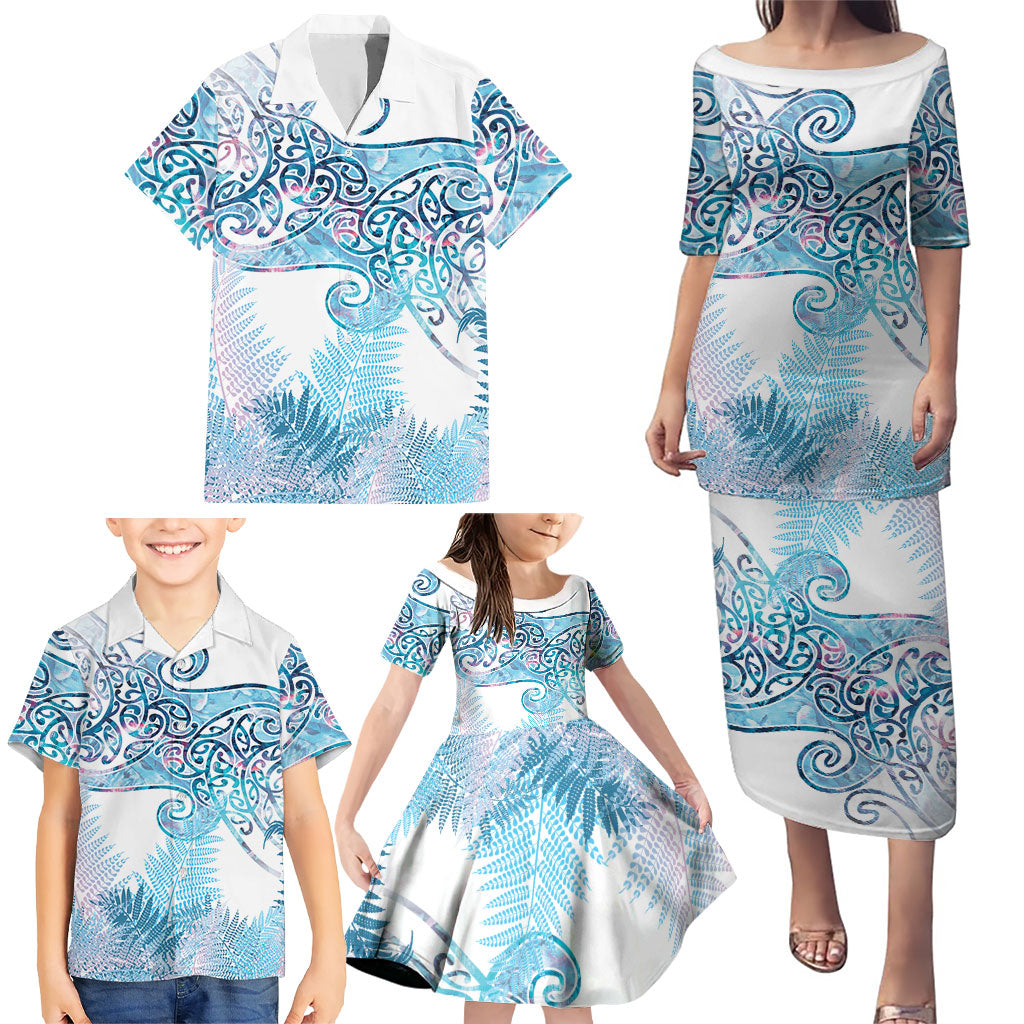 Aotearoa Maori Koru Curves Family Matching Puletasi and Hawaiian Shirt Aqua Paua Shell