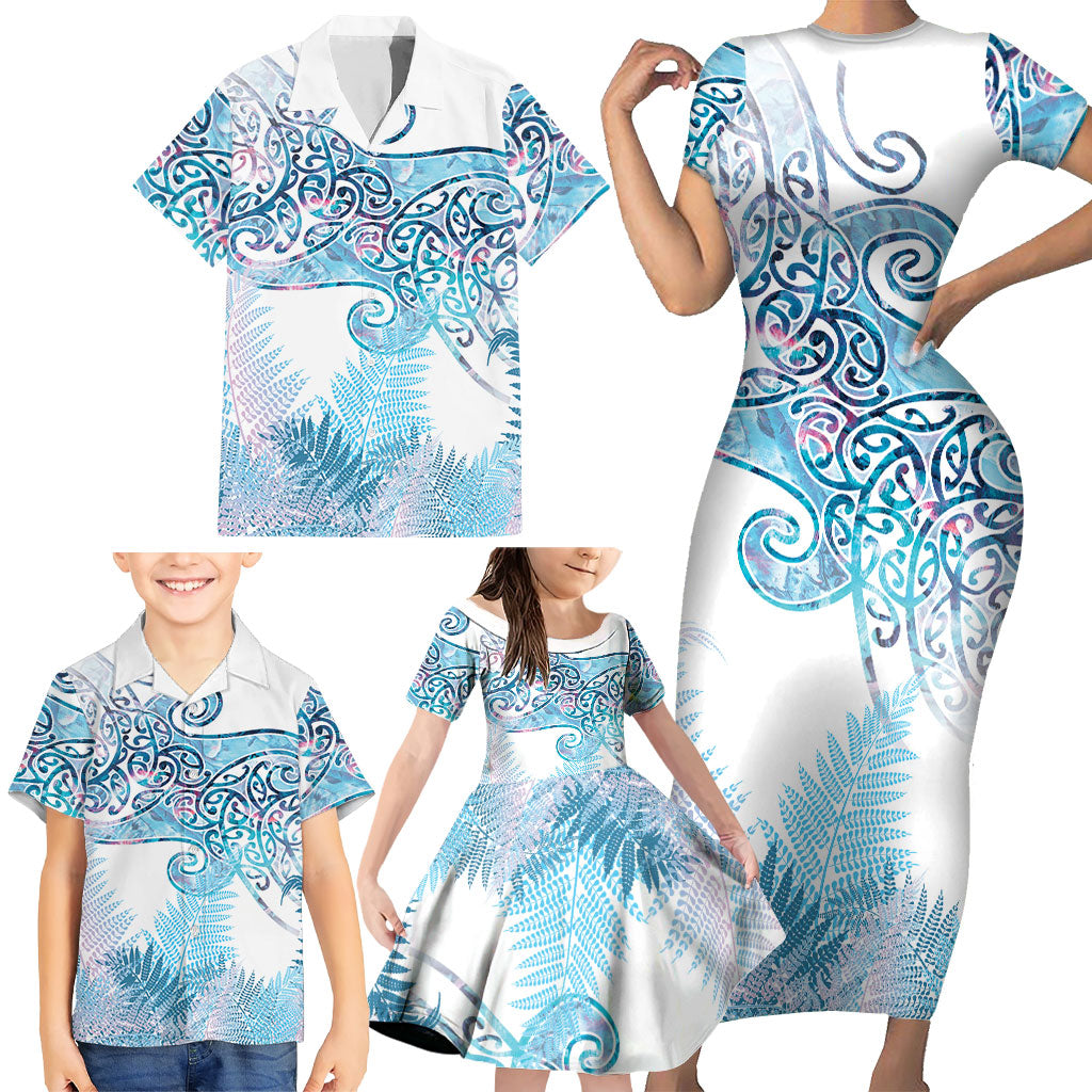 Aotearoa Maori Koru Curves Family Matching Short Sleeve Bodycon Dress and Hawaiian Shirt Aqua Paua Shell