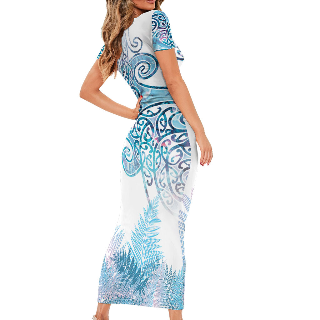 Aotearoa Maori Koru Curves Family Matching Short Sleeve Bodycon Dress and Hawaiian Shirt Aqua Paua Shell