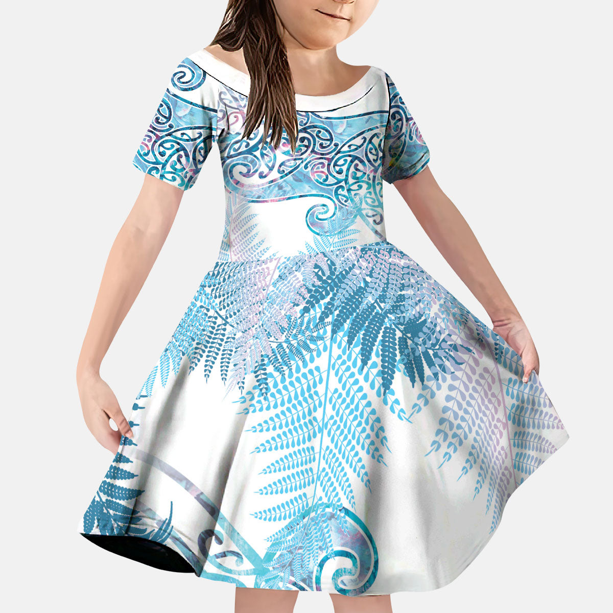 Aotearoa Maori Koru Curves Kid Short Sleeve Dress Aqua Paua Shell