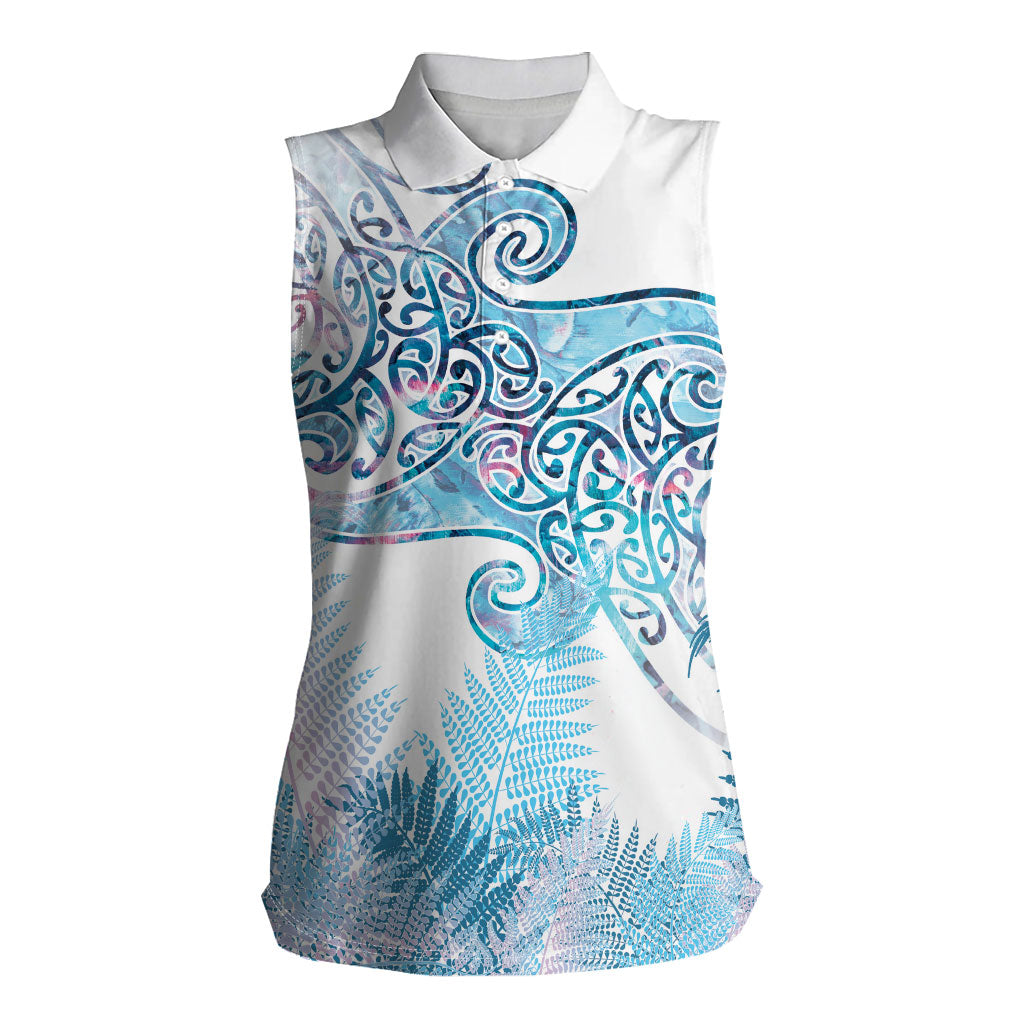 Aotearoa Maori Koru Curves Women Sleeveless Polo Shirt Aqua Paua Shell
