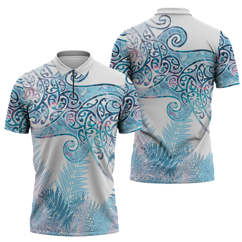 Aotearoa Maori Koru Curves Zipper Polo Shirt Aqua Paua Shell