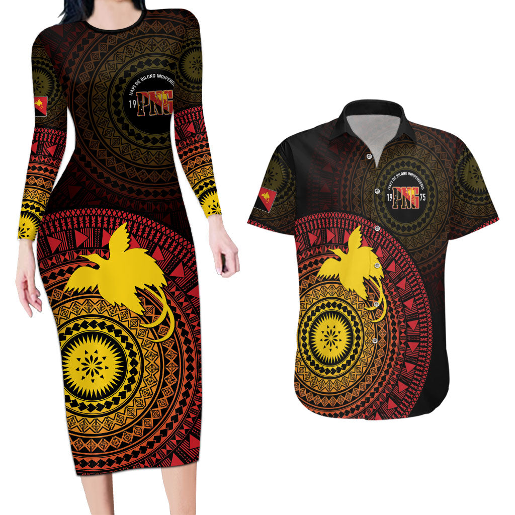 Papua New Guinea Independence Personalized Couples Matching Long Sleeve Bodycon Dress and Hawaiian Shirt Tapa Circle